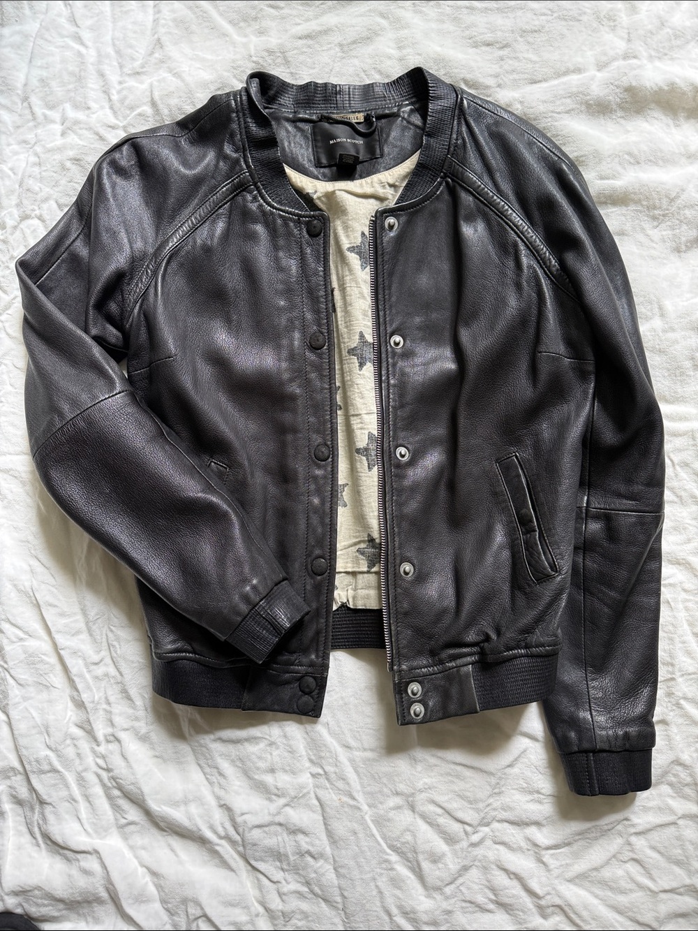 Scotch & Soda Black Leather Bomber Jacket